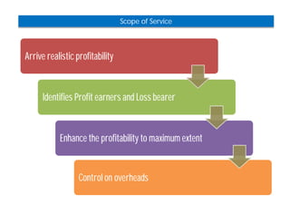 Scope of Service 
6 
Arrive realistic profitability 
Identifies Profit earners and Loss bearer 
Enhance the profitability to maximum extent 
Control on overheads 
 