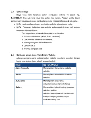 2.3     Etimasi Biaya
        Biaya yang kami tawarkan dalam pembuatan website ini adalah Rp.
5.550.000,00 (lima juta lima ratus lima puluh ribu rupiah). Adapun waktu dalam
pembayaran biaya jasa layanan pembuatan website ini dapat dilakukan 2 kali, yaitu :
      a. 50 %    pada awal permintaan pembuatan website sebagai uang muka.
      b. 50 %     Pelunasan dialakukan saat website sudah dapat di akses oleh seluruh
        pengguna internet didunia.
                 Dari biaya diatas pihak sekolahan akan mendapatkan :
                 1. Source code website (HTML, PHP, database).
                 2. Dokumentasi pemeliharaan website.
                 3. Hosting web gratis selama setahun.
                 4. Domain sch.id
                 5. Training pengelola web


2.4     Gambaran Umum Menu / Item Dalam Website
        Adapun gambaran yang terdapat dalam website yang kami tawarkan dengan
        harga yang tertera diatas adalah sebagai berikut :

       ITEM                                  KETERANGAN
       Home (beranda)                        Menampilkan Menu utama website
                                             sekolah
       Berita                                Menampilkan berita-berita di sekitar
                                             sekolah.
       Buku tamu                             Menampilkan daftar tamu,
                                             untukmemberikan koment / lainya
       Gallery                               Menampilkan koleksi fotofoto kegiatan
                                             sekolah, fasilitas
                                             sekolah, prestasi sekolah dan lain-lain.
                                             Pengaturan yang dinamis dapat
                                             dilakukan setiap saat.
 
