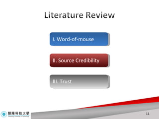 III.  Consumer information seeking I. Word-of-mouse III. Trust II. Source Credibility 
