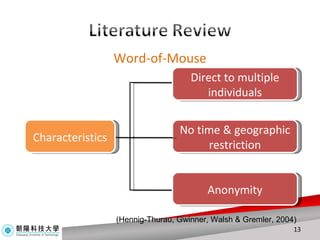 Word-of-Mouse Direct to multiple individuals No time & geographic restriction Anonymity Characteristics (Hennig-Thurau, Gwinner, Walsh & Gremler, 2004) 