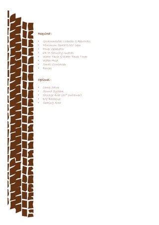 Required :
•	 Governmental Licences & Approvals
•	 Minimum Space 5,000 sqm
•	 Power Generator
•	 24/7 Security Guards
•	 Water Tank & Water Tank Tower
•	 Water Hose
•	 Small Compacter
•	 Fences
Optional :
•	 Camp Setup
•	 Sound System
•	 Storage Area (20” container)
•	 DIY Barbecue
•	 Seating Area
 