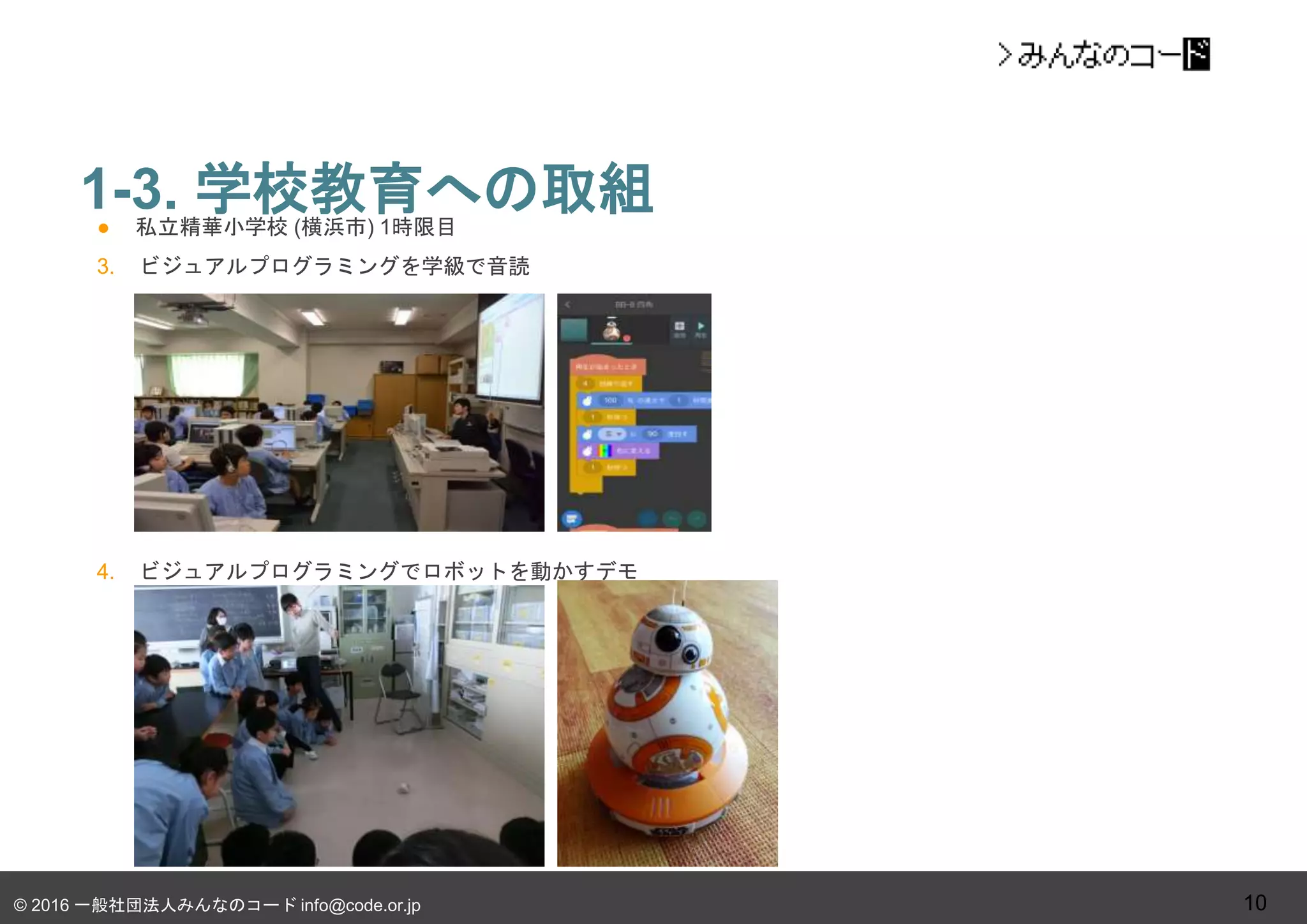 © 2016 一般社団法人みんなのコード info@code.or.jp
● 私立精華小学校 (横浜市) 1時限目
3. ビジュアルプログラミングを学級で音読
4. ビジュアルプログラミングでロボットを動かすデモ
1-3. 学校教育への取組
10
 