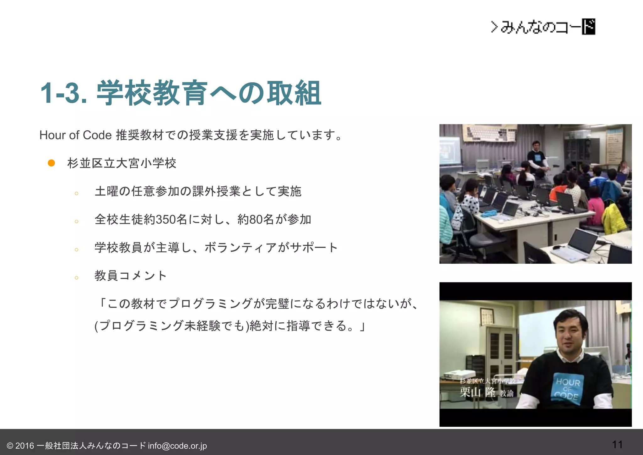 © 2016 一般社団法人みんなのコード info@code.or.jp
1-3. 学校教育への取組
11
Hour of Code 推奨教材での授業支援を実施しています。
 杉並区立大宮小学校
○ 土曜の任意参加の課外授業として実施
○ 全校生徒約350名に対し、約80名が参加
○ 学校教員が主導し、ボランティアがサポート
○ 教員コメント
「この教材でプログラミングが完璧になるわけではないが、
(プログラミング未経験でも)絶対に指導できる。」
 