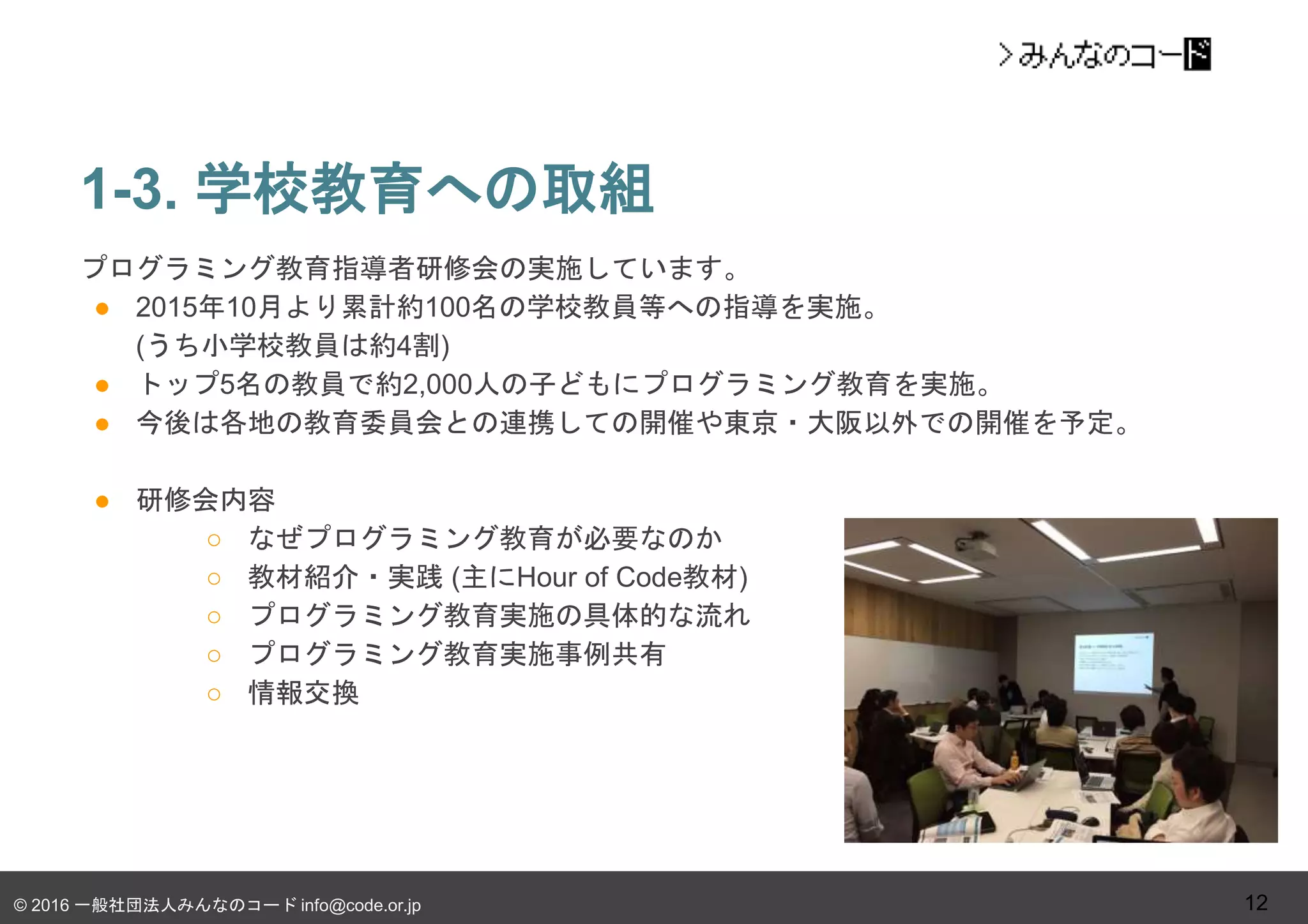 © 2016 一般社団法人みんなのコード info@code.or.jp
1-3. 学校教育への取組
12
プログラミング教育指導者研修会の実施しています。
● 2015年10月より累計約100名の学校教員等への指導を実施。
(うち小学校教員は約4割)
● トップ5名の教員で約2,000人の子どもにプログラミング教育を実施。
● 今後は各地の教育委員会との連携しての開催や東京・大阪以外での開催を予定。
● 研修会内容
○ なぜプログラミング教育が必要なのか
○ 教材紹介・実践 (主にHour of Code教材)
○ プログラミング教育実施の具体的な流れ
○ プログラミング教育実施事例共有
○ 情報交換
 