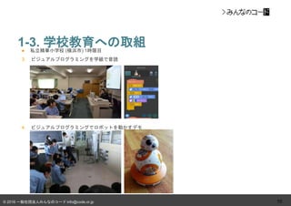 © 2016 一般社団法人みんなのコード info@code.or.jp
● 私立精華小学校 (横浜市) 1時限目
3. ビジュアルプログラミングを学級で音読
4. ビジュアルプログラミングでロボットを動かすデモ
1-3. 学校教育への取組
10
 