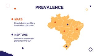 MARS
NEPTUNE
Despite being red, Mars
is actually a cold place
Neptune is the farthest
planet from the Sun
PREVALENCE
 