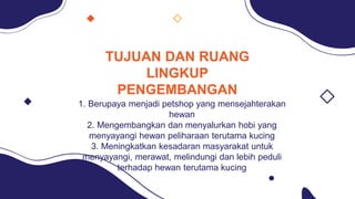 TUJUAN DAN RUANG
LINGKUP
PENGEMBANGAN
1. Berupaya menjadi petshop yang mensejahterakan
hewan
2. Mengembangkan dan menyalurkan hobi yang
menyayangi hewan peliharaan terutama kucing
3. Meningkatkan kesadaran masyarakat untuk
menyayangi, merawat, melindungi dan lebih peduli
terhadap hewan terutama kucing
 