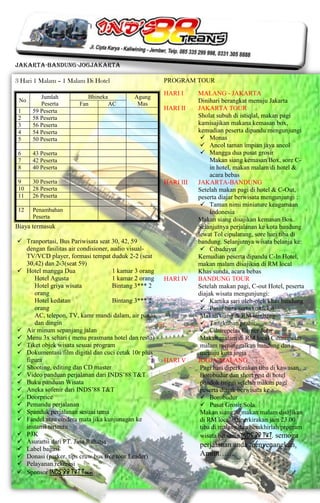 Jakarta-Bandung-jogjakarta

3 Hari 1 Malam – 1 Malam Di Hotel                      PROGRAM TOUR
                                                       HARI I     MALANG - JAKARTA
         Jumlah           Bhineka           Agung
 No                                                               Dinihari berangkat menuju Jakarta
         Peserta       Fan        AC         Mas
 1    59 Peserta                                       HARI II    JAKARTA TOUR
 2    58 Peserta                                                  Sholat subuh di istiqlal, makan pagi
 3    56 Peserta                                                  kamisajikan makana kemasan box,
 4    54 Peserta                                                  kemudian peserta dipandu mengunjungi
 5    50 Peserta                                                    Monas
                                                                    Ancol taman impian jaya ancol
 6    43 Peserta                                                    Mangga dua pusat grosir
 7    42 Peserta                                                       Makan siang kemasan Box, sore C-
 8    40 Peserta                                                       in hotel, makan malam di hotel &
                                                                       acara bebas
 9    30 Peserta                                       HARI III   JAKARTA-BANDUNG
 10   28 Peserta                                                  Setelah makan pagi di hotel & C-Out,
 11   26 Peserta                                                  peserta diajar berwisata mengunjungi :
                                                                    Taman nimi miniature keagamaan
 12   Penambahan                                                       Indonesia
      Peserta                                                     Makan siang disajikan kemasan Box.
Biaya termasuk                                                    Selanjutnya perjalanan ke kota bandung
                                                                  lewat Tol cipularang, sore hari tiba di
 Tranportasi, Bus Pariwisata seat 30, 42, 59                     bandung. Selanjutnya wisata belanja ke:
  dengan fasilitas air condisioner, audio visual-                   Cibaduyut
  TV/VCD player, formasi tempat duduk 2-2 (seat                   Kemudian peserta dipandu C-In Hotel,
  30,42) dan 2-3(seat 59)                                         makan malam disajikan di RM local
 Hotel mangga Dua                   1 kamar 3 orang              Khas sunda, acara bebas
     Hotel Agusta                    1 kamar 2 orang   HARI IV    BANDUNG TOUR
     Hotel griya wisata              Bintang 3*** 2               Setelah makan pagi, C-out Hotel, peserta
     orang                                                        diajak wisata mengunjungi:
     Hotel kedatan                   Bintang 3*** 2                 Kartika sari oleh-oleh khas bandung
     orang                                                          Pasar baru serta konfeksi
     AC, telepon, TV, kamr mandi dalam, air panas                  Makan siang di RM lembang
     dan dingin                                                     Tangkuban prahu
 Air minum sepanjang jalan                                         Cihampelas Center Jean
 Menu 3x sehari ( menu prasmana hotel dan resto)                  Makan malam di RM local Cihampelas
 Tiket objek wisata sesuai program                                malam meninggalkan bandung dan
 Dokumentasi/film digital dan cuci cetak 10r plus                 menuju kota jogja
  figura                                               HARI V     JOGJA-MALANG
 Shooting, editing dan CD master                                  Pagi hari diperkirakan tiba di kawasan
 Video panduan perjalanan dari INDS’88 T&T                        Borobudur dan short rest di hotel
 Buku panduan Wisata                                              pondok tinggi setelah makan pagi
 Aneka sofenir dari INDS’88 T&T                                   peserta diajak berwisata ke :
 Doorprice                                                         Borobudur
 Pemandu perjalanan                                                Pusat Grosir Sola
 Spanduk perjalanan sesuai tema                                   Makan siang & makan malam disajikan
 Fandel atau cindera mata jika kunjunagan ke                      di RM local. Diperkirakan jam 23.00
  instansi tertentu                                                tiba di malang dan berakhirlah program
 P3K                                                              wisata bersama INDS’88 T&T. semoga
 Asuransi dari PT. Jasa Raharja
                                                                  perjalanan anda menyenangkan.
 Label bagasi
 Donasi (parker, tips cruw bus free tour Leader)                 Amiin…….
 Pelayanan rekreasi
 Sponsor INDS’88 T&T Tran
 