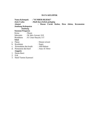 DATA KELOPOK 
Nama Kelompok : ”SUMBER REJEKI” 
Jenis Usaha : Budi daya bebek pedaging 
Alamat : Dusun Caruk Kulon, Desa Jabon, Kecamatan 
Jombang Kabupaten 
Jombang 
Susunan Pengurus 
Ketua : Hasan 
Sekretatis : M. Idris Arwani, S.H 
Bendahara : H. Umar Hasyim, S.T 
Seksi 
a. Pakan : Slamet sriwati 
b. Kesehatan : Sugio 
c. Permodalan dan kredit : Abd Hakam 
d. Pemasaran dan hasil : Anas Al Abror 
Anggota 
1. Hasan Basri 
2. Erik 
3. Hanif Tamim Syamsuri 
 