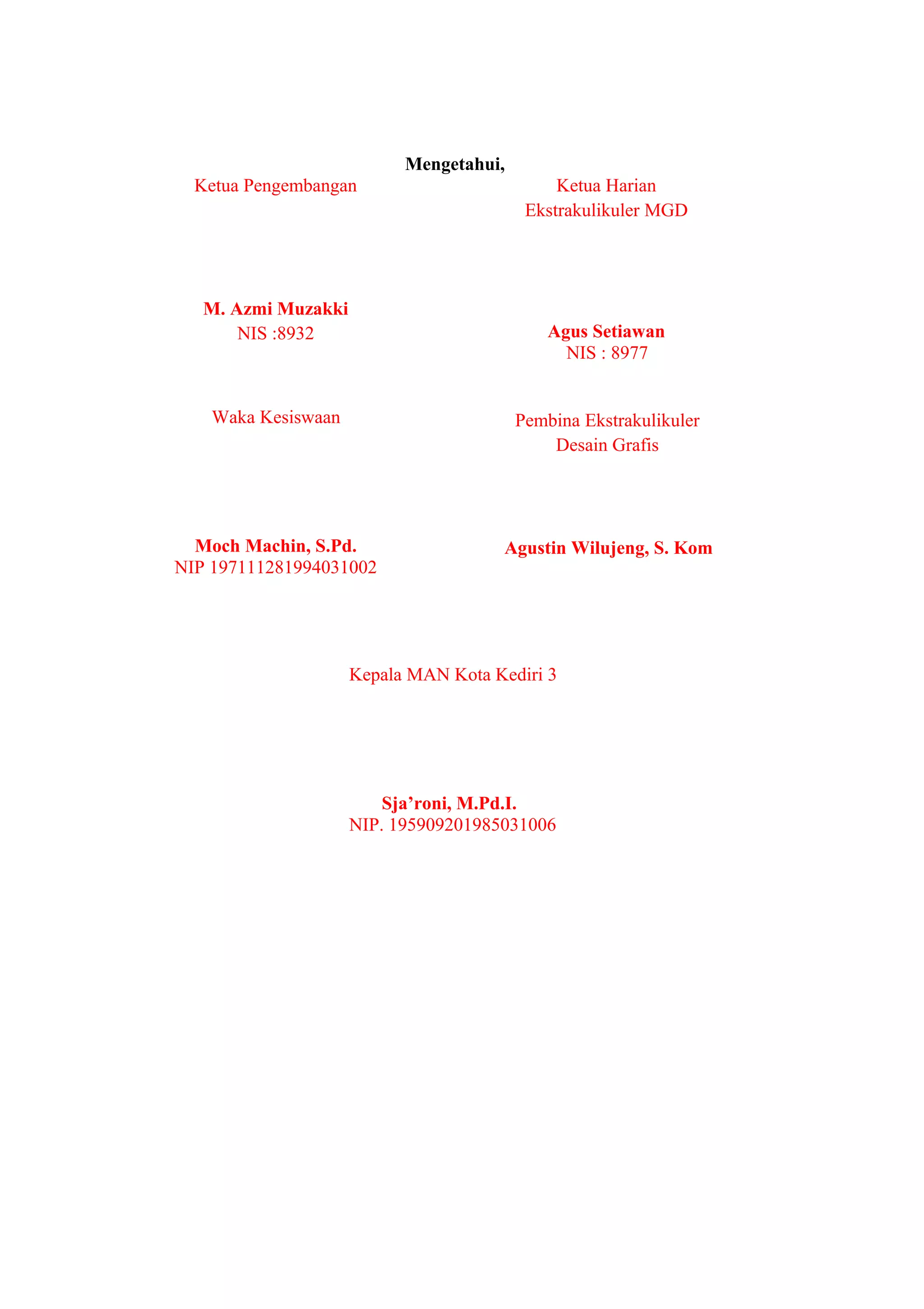 Mengetahui,
Ketua Pengembangan
M. Azmi Muzakki
NIS :8932
Ketua Harian
Ekstrakulikuler MGD
Agus Setiawan
NIS : 8977
Waka Kesiswaan
Moch Machin, S.Pd.
NIP 197111281994031002
Pembina Ekstrakulikuler
Desain Grafis
Agustin Wilujeng, S. Kom
Kepala MAN Kota Kediri 3
Sja’roni, M.Pd.I.
NIP. 195909201985031006
 