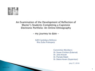 1
An Examination of the Development of Reflection of
Master’s Students Completing a Capstone
Electronic Portfolio: An Online Ethnography
- my journey to date -
EdD Candidacy Defence
Rita Zuba Prokopetz
July 27, 2018
Committee Members:
Dr. Susan Crichton (External)
Dr. Jane Arscott
Dr. Pamela Walsh
Dr. Debra Hoven (Supervisor)
Image source: Clipart
 