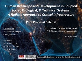 1	
Commi'ee	
Dr.	Thomas	Seager	
Chair,	Advisor	
	
Members	
Dr.	Susan	Clark	
Dr.	Sco'	Clou;er	
Dr.	Erik	Fisher	
Human	Resilience	and	Development	in	Coupled	
Social,	Ecological,	&	Technical	Systems:		
A	Holis(c	Approach	to	Cri(cal	Infrastructure		
John	E.	Thomas,	MSEE,	MBA	
PhD	Student,	Research	Associate	
	
22	April	2016	
Sustainable	Engineering		and	the	Built	Environment	
PhD.	Proposal	Defense	
 