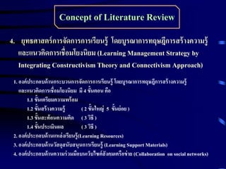 Concept of Literature Review
4. ยุทธศาสตร์ การจัดการการเรียนรู้ โดยบูรณาการทฤษฎีการสร้ างความรู้
และแนวคิดการเชื่อมโยงนิยม (Learning Management Strategy by
Integrating Constructivism Theory and Connectivism Approach)
1. องค์ ประกอบด้ านกระบวนการจัดการการเรียนรู้ โดยบูรณาการทฤษฎีการสร้ างความรู้
และแนวคิดการเชื่อมโยงนิยม มี 4 ขั้นตอน คือ
1.1 ขั้นเตรียมความพร้ อม
1.2 ขั้นสร้ างความรู้
( 2 ขั้นใหญ่ 5 ขั้นย่ อย )
1.3 ขั้นสะท้ อนความคิด ( 3 วิธี )
1.4 ขั้นประเมินผล
( 3 วิธี )
2. องค์ ประกอบด้ านแหล่ งเรียนรู้(Learning Resources)
3. องค์ ประกอบด้ านวัสดุสนับสนุนการเรียนรู้ (Learning Support Materials)
4. องค์ ประกอบด้ านความร่ วมมือบนเว็บไซต์ สังคมเครือข่ าย (Collaboration on social networks)

 