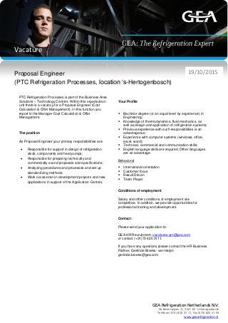 Vacancy Proposal Engineer Refrigeration Processes