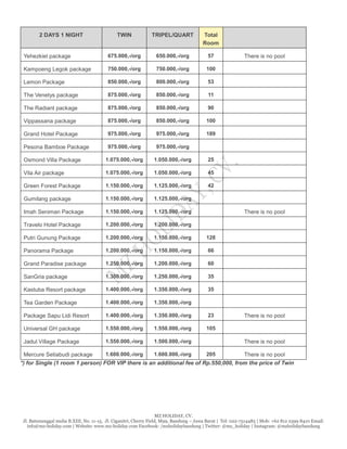 MZ HOLIDAY, CV.
Jl. Batununggal mulia B.XIII, No. 11-15, Jl. Ciganitri, Cherry Field, M99, Bandung – Jawa Barat | Tel: 022-7514485 | Mob: +62 812 2399 8410 Email:
info@mz-holiday.com | Website: www.mz-holiday.com Facebook: /mzholidaybandung | Twitter: @mz_holiday | Instagram: @mzholidaybandung
*) for Single (1 room 1 person) FOR VIP there is an additional fee of Rp.550,000, from the price of Twin
2 DAYS 1 NIGHT TWIN TRIPEL/QUART Total
Room
Yehezkiel package 675.000,-/org 650.000,-/org 57 There is no pool
Kampoeng Legok package 750.000,-/org 750.000,-/org 100
Lemon Package 850.000,-/org 800.000,-/org 53
The Venetys package 875.000,-/org 850.000,-/org 11
The Radiant package 875.000,-/org 850.000,-/org 90
Vippassana package 875.000,-/org 850.000,-/org 100
Grand Hotel Package 975.000,-/org 975.000,-/org 189
Pesona Bamboe Package 975.000,-/org 975.000,-/org
Osmond Villa Package 1.075.000,-/org 1.050.000,-/org 25
Vila Air package 1.075.000,-/org 1.050.000,-/org 45
Green Forest Package 1.150.000,-/org 1.125.000,-/org 42
Gumilang package 1.150.000,-/org 1.125.000,-/org
Imah Seniman Package 1.150.000,-/org 1.125.000,-/org There is no pool
Travelo Hotel Package 1.200.000,-/org 1.200.000,-/org
Putri Gunung Package 1.200.000,-/org 1.150.000,-/org 128
Panorama Package 1.200.000,-/org 1.150.000,-/org 66
Grand Paradise package 1.250.000,-/org 1.200.000,-/org 60
SanGria package 1.300.000,-/org 1.250.000,-/org 35
Kastuba Resort package 1.400.000,-/org 1.350.000,-/org 35
Tea Garden Package 1.400.000,-/org 1.350.000,-/org
Package Sapu Lidi Resort 1.400.000,-/org 1.350.000,-/org 23 There is no pool
Universal GH package 1.550.000,-/org 1.550.000,-/org 105
Jadul Village Package 1.550.000,-/org 1.500.000,-/org There is no pool
Mercure Setiabudi package 1.600.000,-/org 1.600.000,-/org 205 There is no pool
 