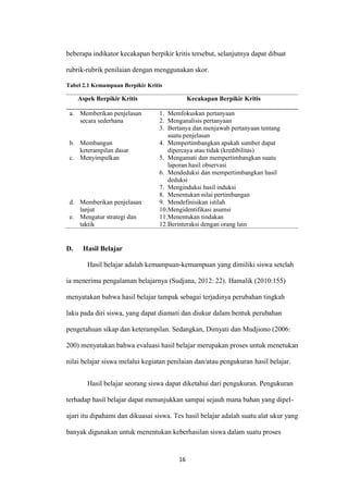 16 
beberapa indikator kecakapan berpikir kritis tersebut, selanjutnya dapat dibuat rubrik-rubrik penilaian dengan menggunakan skor. 
Tabel 2.1 Kemampuan Berpikir Kritis 
Aspek Berpikir Kritis 
Kecakapan Berpikir Kritis 
a. Memberikan penjelasan secara sederhana 
1. Memfokuskan pertanyaan 
2. Menganalisis pertanyaan 
3. Bertanya dan menjawab pertanyaan tentang suatu penjelasan 
b. Membangun keterampilan dasar 
4. Mempertimbangkan apakah sumber dapat dipercaya atau tidak (kredibilitas) 
c. Menyimpulkan 
5. Mengamati dan mempertimbangkan suatu laporan hasil observasi 
6. Mendeduksi dan mempertimbangkan hasil deduksi 
7. Menginduksi hasil induksi 
8. Menentukan nilai pertimbangan 
d. Memberikan penjelasan lanjut 
9. Mendefinisikan istilah 
10. Mengidentifikasi asumsi 
e. Mengatur strategi dan taktik 
11. Menentukan tindakan 
12. Berinteraksi dengan orang lain 
D. Hasil Belajar 
Hasil belajar adalah kemampuan-kemampuan yang dimiliki siswa setelah ia menerima pengalaman belajarnya (Sudjana, 2012: 22). Hamalik (2010:155) menyatakan bahwa hasil belajar tampak sebagai terjadinya perubahan tingkah laku pada diri siswa, yang dapat diamati dan diukur dalam bentuk perubahan pengetahuan sikap dan keterampilan. Sedangkan, Dimyati dan Mudjiono (2006: 200) menyatakan bahwa evaluasi hasil belajar merupakan proses untuk menetukan nilai belajar siswa melalui kegiatan penilaian dan/atau pengukuran hasil belajar. 
Hasil belajar seorang siswa dapat diketahui dari pengukuran. Pengukuran terhadap hasil belajar dapat menunjukkan sampai sejauh mana bahan yang dipel- ajari itu dipahami dan dikuasai siswa. Tes hasil belajar adalah suatu alat ukur yang banyak digunakan untuk menentukan keberhasilan siswa dalam suatu proses  