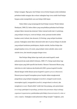 17 
belajar mengajar. Bagi guru, hasil belajar siswa di kelas berguna untuk melakukan perbaikan tindak mengajar dan evaluasi sedangkan bagi siswa sendiri hasil belajar berguna untuk memperbaiki cara-cara belajar lebih lanjut. 
Faktor-faktor yang mempengaruhi hasil belajar menurut Winkel (dalam Handayani, 2008:22), bahwa faktor yang menyebabkan perbedaan hasil belajar meliputi faktor internal dan eksternal. Faktor internal terdiri dari (1) psikologi, yang meliputi intelegensi, motivasi belajar, minat, perasaan kondisi akibat keadaan sosial, kultural, dan ekonomi; (2) fisiologi, yang meliputi kesehatan jasmani. Sedangkan untuk faktor eksternal terdiri dari (1) proses belajar di sekolah yang meliputi kurikulum pembelajaran, disiplin sekolah, fasilitas belajar dan pengelompokan siswa; (2) sosial, yang meliputi sistem sekolah, status sosial sekolah siswa, dan interaksi pengajar dengan siswa. 
Hasil belajar dibagi dalam tiga ranah yaitu ranah kognitif, ranah psikomotorik dan ranah afektif (Arikunto, 2008:117). Setiap ranah dirinci lagi dalam tujuan yang lebih spesifik dan hirarkis. Menurut Taksonomi Bloom yang telah direvisi oleh Anderson dan Krathwohl (2001), proses koginitif tersebut dikenal dengan istilah dimensi proses kognitif (cognitive process dimension). Dimensi proses kognitif merupakan proses berpikir dalam mengkonstruk pengetahuan yang meliputi mengingat (remember), mengerti (understand), menerapkan (apply), menganalisis (analize), mengevaluasi (evaluate), dan mengkreasi (create). Ranah afektif terdiri dari lima jenjang, yaitu penerimaan (receiving), partisipasi (responding), penilaian dan penentuan sikap (valuing), organisasi (organization), pembentukan pola hidup (characterization by value or value complex). Sedangkan ranah psikomotor dibagi menjadi 7 tingkatan, yaitu  