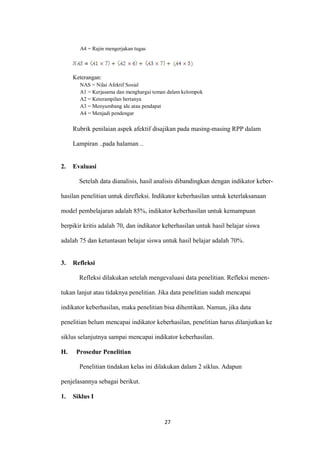 27 
A4 = Rajin mengerjakan tugas 
Keterangan: 
NAS = Nilai Afektif Sosial 
A1 = Kerjasama dan menghargai teman dalam kelompok 
A2 = Keterampilan bertanya 
A3 = Menyumbang ide atau pendapat 
A4 = Menjadi pendengar 
Rubrik penilaian aspek afektif disajikan pada masing-masing RPP dalam Lampiran ..pada halaman .. 
2. Evaluasi 
Setelah data dianalisis, hasil analisis dibandingkan dengan indikator keber- hasilan penelitian untuk direfleksi. Indikator keberhasilan untuk keterlaksanaan model pembelajaran adalah 85%, indikator keberhasilan untuk kemampuan berpikir kritis adalah 70, dan indikator keberhasilan untuk hasil belajar siswa adalah 75 dan ketuntasan belajar siswa untuk hasil belajar adalah 70%. 
3. Refleksi 
Refleksi dilakukan setelah mengevaluasi data penelitian. Refleksi menen- tukan lanjut atau tidaknya penelitian. Jika data penelitian sudah mencapai indikator keberhasilan, maka penelitian bisa dihentikan. Namun, jika data penelitian belum mencapai indikator keberhasilan, penelitian harus dilanjutkan ke siklus selanjutnya sampai mencapai indikator keberhasilan. 
H. Prosedur Penelitian 
Penelitian tindakan kelas ini dilakukan dalam 2 siklus. Adapun penjelasannya sebagai berikut. 
1. Siklus I  