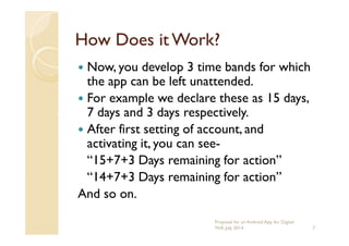 How Does it Work?How Does it Work?
Now, you develop 3 time bands for which
the app can be left unattended.
For example we declare these as 15 days,
7 days and 3 days respectively.
After first setting of account, andAfter first setting of account, and
activating it, you can see-
“15+7+3 Days remaining for action”
“14+7+3 Days remaining for action”
And so on.
7
Proposal for an Android App for Digital
Will, July 2014
 