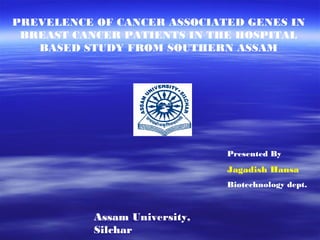 PREVELENCE OF CANCER ASSOCIATED GENES IN
 BREAST CANCER PATIENTS IN THE HOSPITAL
   BASED STUDY FROM SOUTHERN ASSAM




                               Presented By

                               Jagadish Hansa
                               Biotechnology dept.



           Assam University,
           Silchar
 