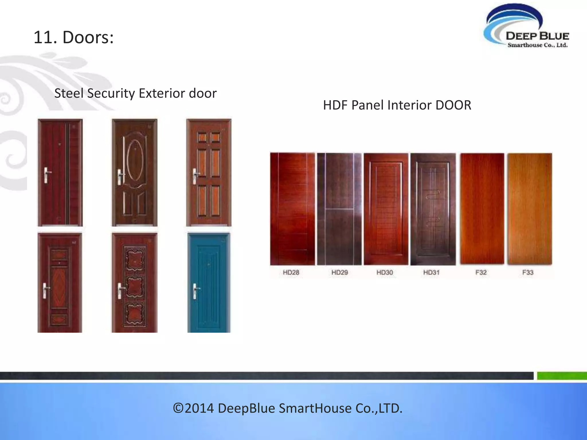 9.INT.WALL FINISHING:Heavy duty PVC Lining 
©2014 DeepBlue SmartHouse Co.,LTD. 
 
