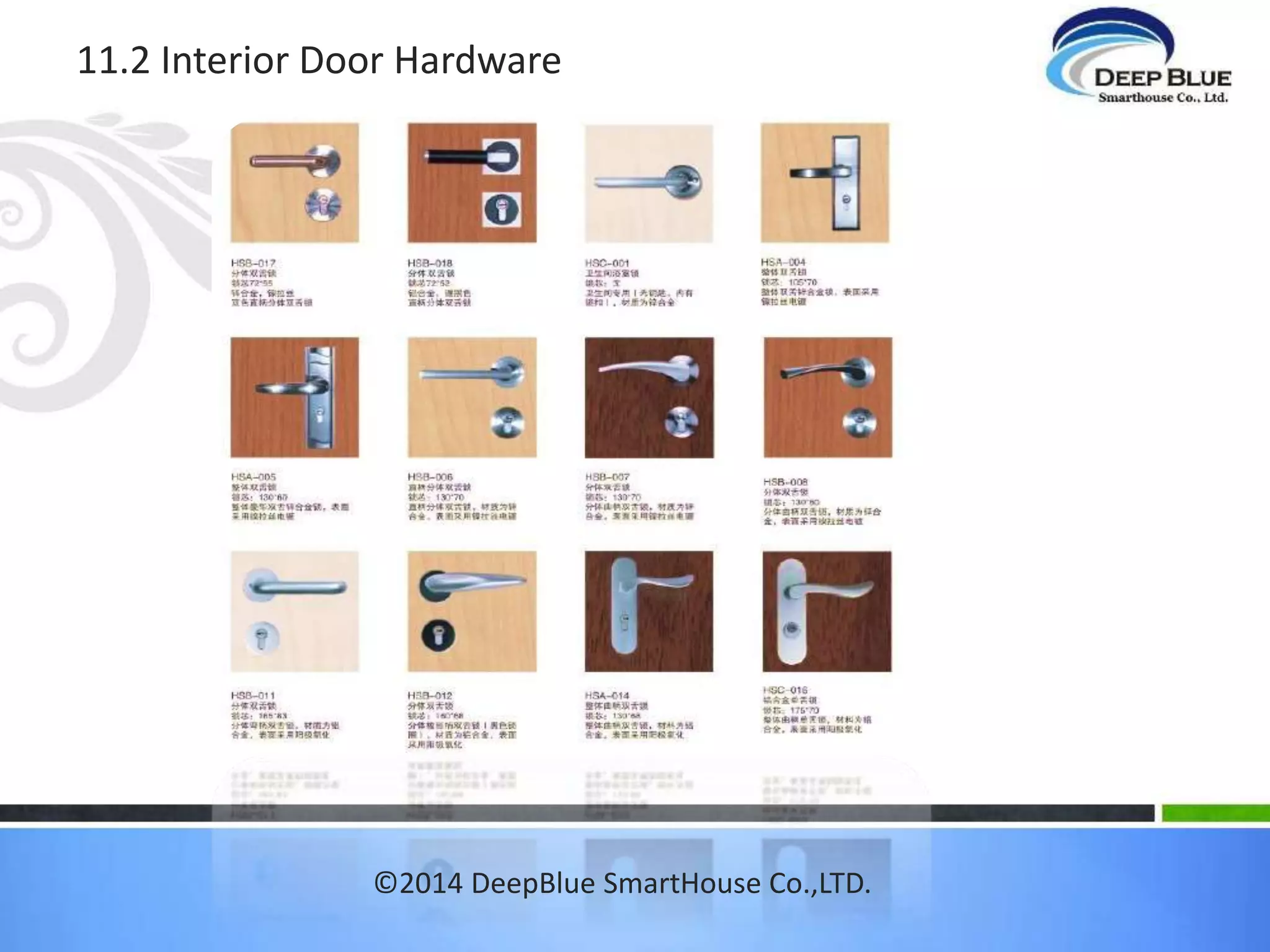 10. Windows: aluminum Windows, single, double 
etc.. 
©2014 DeepBlue SmartHouse Co.,LTD. 
 
