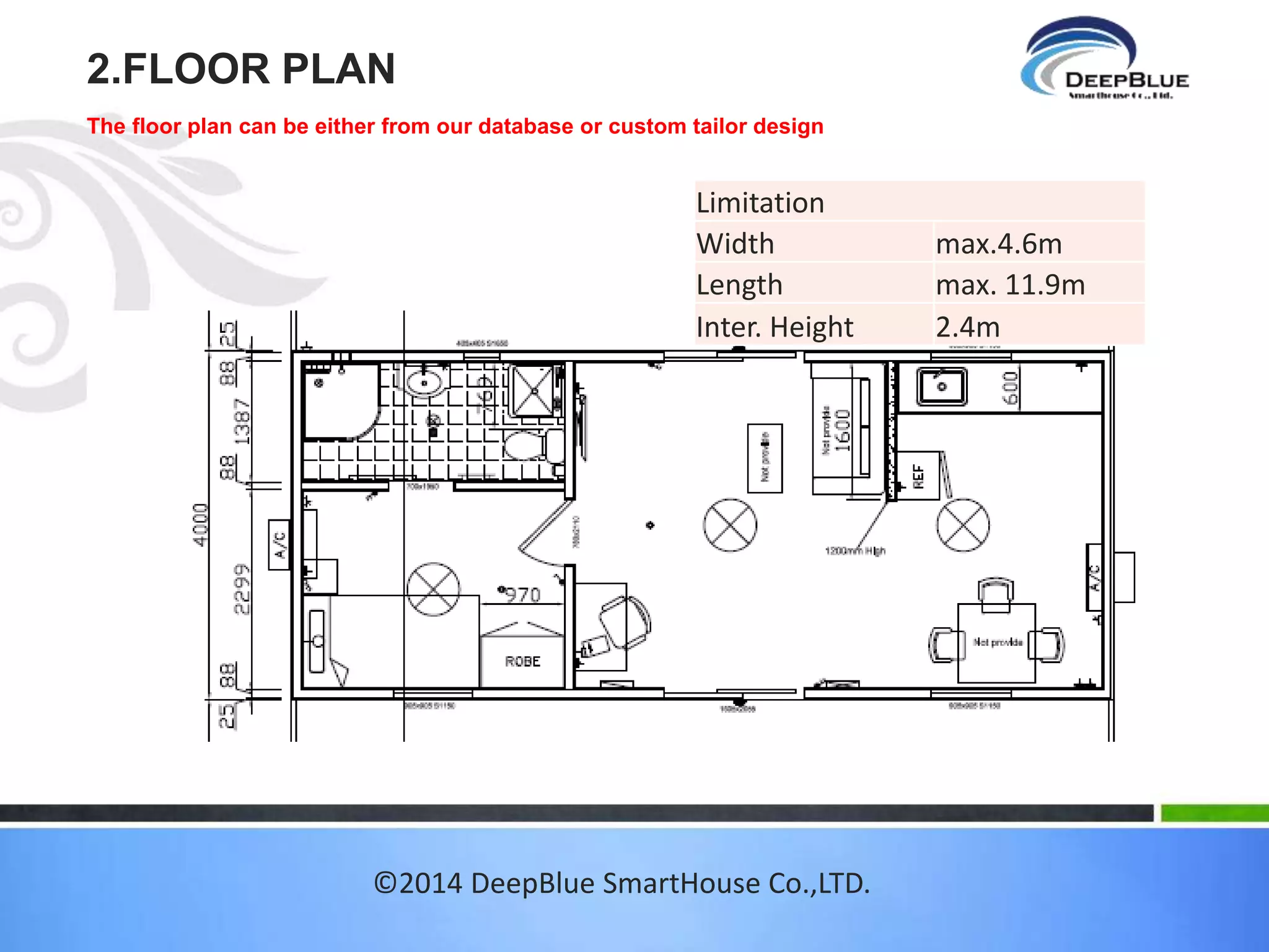 MATERIAL CONTENT 
1. GENERAL INFORMATION 
2. FLOOR PLAN 
3. MAIN STRUCTURE 
4. INSULATION AND VAPOR BARRIOR 
5. FLOORING 
6. CEILING 
7. ROOFING 
8. EXT.WALL FINISHING 
9. INT.WALL FINISHING 
10. WINDOWS 
11. DOORS 
12. ELECTRICAL 
13. PLUMBING 
14. FITTINGS-(KITCHEN,BATHROOM ETC..) 
©2014 DeepBlue SmartHouse Co.,LTD. 
 