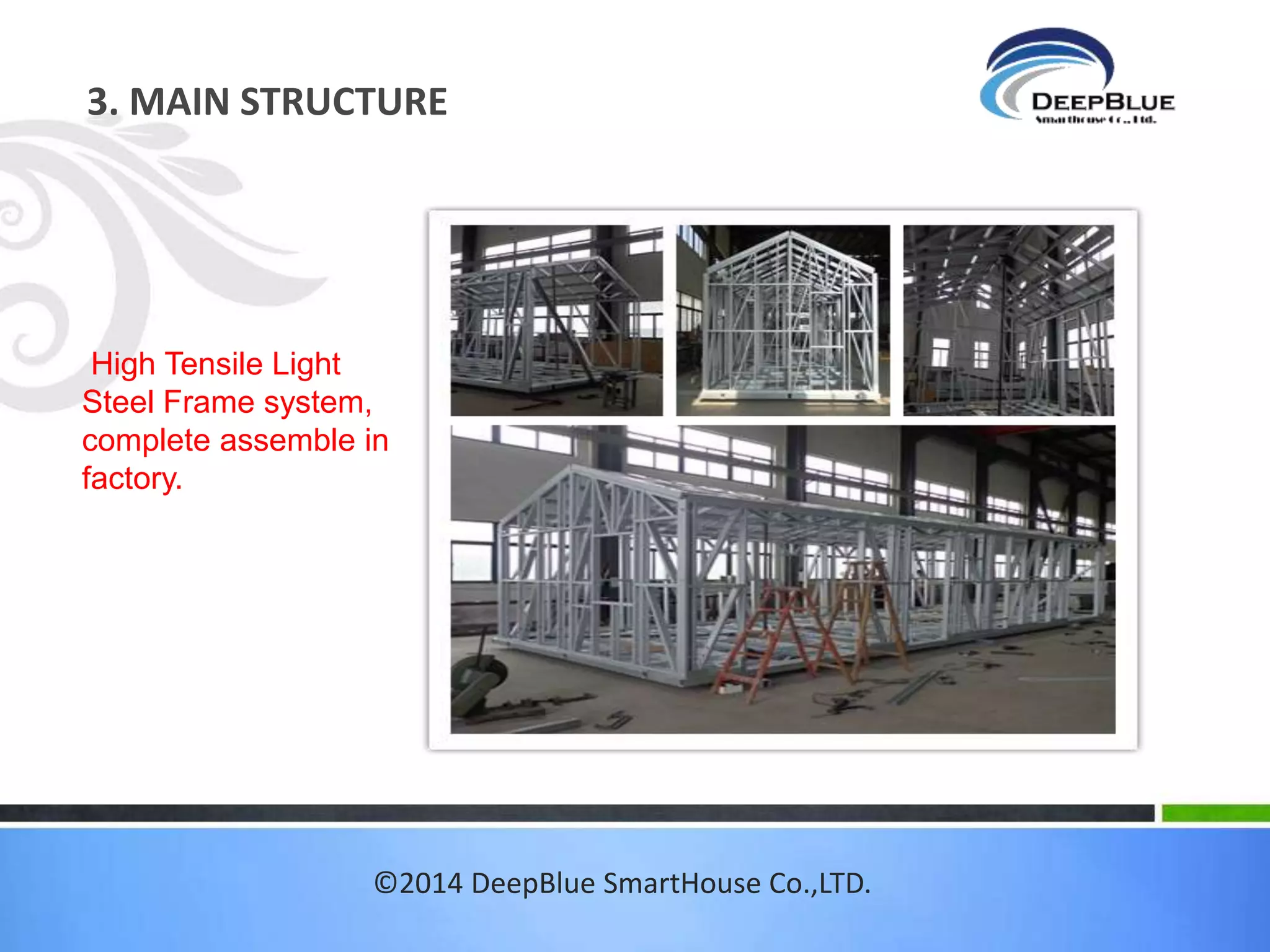 1. GENERAL INFORMATION 
The advantages of Foldable Luxury Mobile 
Housing System 
 No-skilled workers needed. 
 Finished within couple of days 
 Durable and Comfortable 
 Consistent and accurate 
 Reliable 
 Earthquake tested and fire resistant 
 Insulated and safety . 
©2014 DeepBlue SmartHouse Co.,LTD. 
 