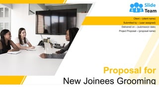 Proposal for
New Joinees Grooming
Client – (client name)
Submitted by – (user assigned)
Delivered on – (submission date)
Project Proposal – (proposal name)
 