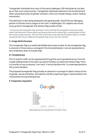  
Transgender individuals face many of the same challenges LGB individuals do, but also 
go on their own unique journey. Transgender individuals experience the emotional (and 
often, physical) process of gender transition, which can include therapy, and/or medical 
intervention.  
This distinction is also being adopted by the general public. David Perruza, Managing 
partner of ​Pitchers and A League of Her Own, in Washington, DC explains why he has 
hung up both a transgender and rainbow flag outside his bar: 
"I chose to put the transgender flag up because I have found that the transgender community usually 
doesn't feel welcomed in Queer spaces just because they see the rainbow flag. I wanted people to know 
that my bar accepts everyone. The rest of the community is okay with just the rainbow flag as it includes 
everyone but the minute I added the transgender flag we got a lot more clientele.” 
C. Image distinctiveness 
The transgender flag is an easily identifiable and unique symbol. As the transgender flag 
is a banner of three colours, arranged in five horizontal bands, it can be represented at 
very small sizes; down to 5 pixels high. 
D. Completeness  
The LG and B in LGBT can be represented through the use of gendered emoji, from the 
couple holding hands to the same-sex parent families, as well as the rainbow flag. There 
is currently no way to express “I am trans” in emoji therefore the T is underrepresented in 
the current standard. 
The proposed transgender flag provides an advance in coverage to depict various forms 
of gender, sexual orientation, and identity and fills a significant gap in representation and 
inclusiveness among existing emoji. 
E. Frequently requested 
 
Most popular search term associated with “trans flag” is “emoji” 
Proposal for Transgender Flag Emoji • March 4, 2019  10 of 17 
 