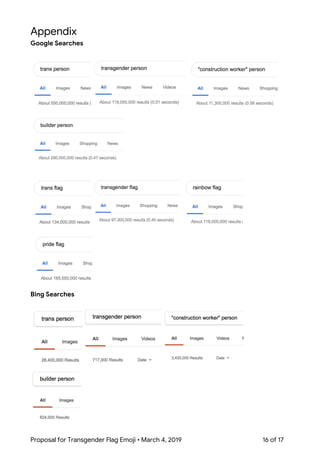 
Appendix 
Google Searches 
 
 
Bing Searches 
 
Proposal for Transgender Flag Emoji • March 4, 2019  16 of 17 
 
