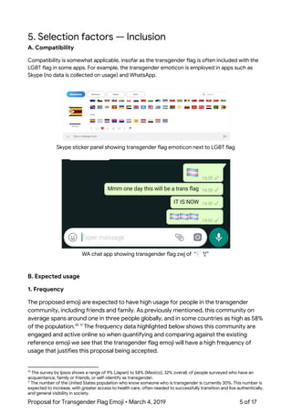  
 
5. Selection factors — Inclusion 
A. Compatibility 
Compatibility is somewhat applicable, insofar as the transgender flag is often included with the 
LGBT flag in some apps. For example, the transgender emoticon is employed in apps such as 
Skype (no data is collected on usage) and WhatsApp. 
 
 
Skype sticker panel showing transgender flag emoticon next to LGBT flag 
 
 
WA chat app showing transgender ag zwj of “🏳 ⚧” 
 
 
B. Expected usage 
1. Frequency 
The proposed emoji are expected to have high usage for people in the transgender 
community, including friends and family. As previously mentioned, this community on 
average spans around one in three people globally, and in some countries as high as 58% 
of the population. The frequency data highlighted below shows this community are 10 11
engaged and active online so when quantifying and comparing against the existing 
reference emoji we see that the transgender flag emoji will have a high frequency of 
usage that justifies this proposal being accepted. 
10
The survey by Ipsos shows a range of 9% (Japan) to 58% (Mexico), 32% overall, of people surveyed who have an 
acquaintance, family or friends, or self-identify as transgender. 
11
The number of the United States population who know someone who is transgender is currently 30%. This number is 
expected to increase, with greater access to health care, often needed to successfully transition and live authentically, 
and general visibility in society. 
Proposal for Transgender Flag Emoji • March 4, 2019  5 of 17 
 
