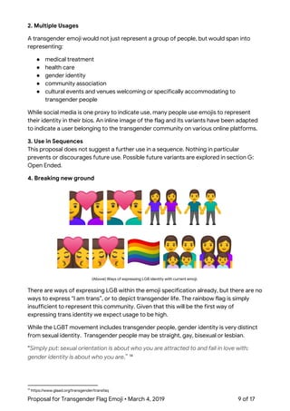  
2. Multiple Usages 
A transgender emoji would not just represent a group of people, but would span into 
representing: 
...