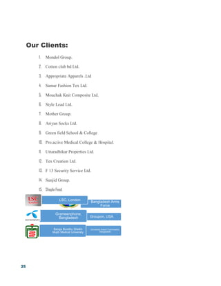 25
Our Clients:
1. Mondol Group.
2. Cotton club bd Ltd.
3. Appropriate Apparels .Ltd
4. Samar Fashion Tex Ltd.
5. Mouchak Knit Composite Ltd.
6. Style Lead Ltd.
7. Mother Group.
8. Ariyan Socks Ltd.
9. Green field School & College
10. Pro.active Medical College & Hospital.
11. Uttaradhikar Properties Ltd.
12. Tex Creation Ltd.
13. F 13 Security Service Ltd.
14. Sunjid Group.
15. Shapla Food.
Bangladesh Arms
Force
Groupon, USA
University Grand Commission,
Bangladesh
LSC, London
Grameenphone,
Bangladesh
Banga Bondhu Sheikh
Mujib Medical University
 