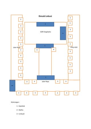 Denah Lokasi

3

3

3

1

3

3
GOR Singalodra

3

2
3

3
3

3

1
4

4

3

Jalan Raya

Jalan Raya

3

3
3
3
3
3
3
3
1

3
3

3

3
3

3

3

3

1

Jalan Raya

3

Keterangan :
1 = Spanduk
2 = Baliho
3 = Umbul2

3

3

3

3

 