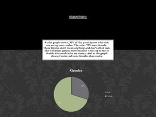 As the graph shows, 30% of the participants who took
my survey were males. The other 70% were female.
These figures don’t mean anything and don’t affect facts
like who plays games more because it was up to me to
decide who would take my survey. And as the graph
shows, I surveyed more females than males.
GENDER
30%
70%
Gender
Male
Female
 