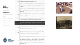 1929 Steel shafted clubs are accepted by The R&A.
1930
Bobby Jones completed the Grand Slam of The Open, the Amateur C
hampionship, The US Open and the US Amateur Championship in on
e season.
1932
The Curtis Cup is played for the first time between the women’s amat
eurs of Great Britain and Ireland and the USA at Wentworth. It is won
by the USA.
1934
The inaugural Masters is staged at Augusta National. It is won by Hor
ton Smith of the USA.
1946
The US Women’s Open is played for the first time at Spokane Countr
y Club in Washington and is won by Patty Berg of the USA.
1950
The Ladies’ Professional Golfers’ Association (LPGA) is formed in the
USA.
1953
The Tam O’ Shanter World Championship of Golf becomes the first n
ationally televised golf tournament in the USA.
1955
The LPGA Championship is played for the first time at Orchard Ridge
Country Club. It is won by American Beverly Hanson.
1958
Representatives of 35 national amateur golf organisations form the W
orld Amateur Golf Council. They agree to stage the World Amateur Te
am Championship with teams of men competing for the Eisenhower
Trophy, named after President Dwight D Eisenhower. The event was
staged at the Old Course in St Andrews and Australia defeated the U
SA in a play-off.
Introduction
Background
Problem statement
Aims
Review of literature
Methodology
Timeline
Bibliography
Golf
history
 