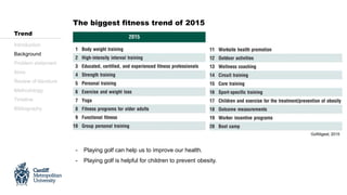 Introduction
Background
Problem statement
Aims
Review of literature
Methodology
Timeline
Bibliography
Trend
- Playing golf can help us to improve our health.
- Playing golf is helpful for children to prevent obesity.
Golfdigest, 2015
The biggest fitness trend of 2015
 