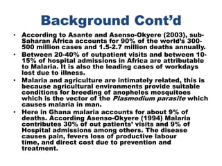 Background Cont’dAccording to Asante and Asenso-Okyere (2003), sub-Saharan Africa accounts for 90% of the world’s 300-500 million cases and 1.5-2.7 million deaths annually. Between 20-40% of outpatient visits and between 10-15% of hospital admissions in Africa are attributable to Malaria. It is also the leading cases of workdays lost due to illness.     Malaria and agriculture are intimately related, this is because agricultural environments provide suitable conditions for breeding of anopheles mosquitoes which is the vector of the Plasmodium parasite which causes malaria in man.Here in Ghana malaria accounts for about 9% of deaths. According Asenso-Okyere (1994) Malaria contributes 30% of out patients’ visits and 9% of Hospital admissions among others. The disease causes pain, fevers loss of productive labour time, and direct cost due to prevention and treatment.