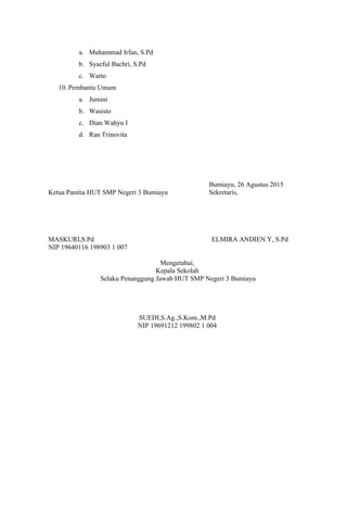 a. Muhammad Irfan, S.Pd
b. Syaeful Bachri, S.Pd
c. Warto
10. Pembantu Umum
a. Jumini
b. Wasisto
c. Dian Wahyu I
d. Ran Trinovita
Bumiayu, 26 Agustus 2015
Ketua Panitia HUT SMP Negeri 3 Bumiayu Sekretaris,
MASKURI,S.Pd ELMIRA ANDIEN Y, S.Pd
NIP 19640116 198903 1 007
Mengetahui,
Kepala Sekolah
Selaku Penanggung Jawab HUT SMP Negeri 3 Bumiayu
SUEDI,S.Ag.,S.Kom.,M.Pd
NIP 19691212 199802 1 004
 