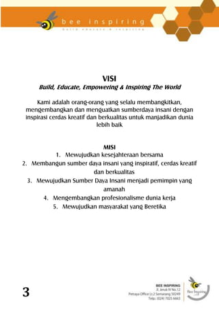 VISI
     Build, Educate, Empowering & Inspiring The World

     Kami adalah orang-orang yang selalu membangkitkan,
 mengembangkan dan menguatkan sumberdaya insani dengan
 inspirasi cerdas kreatif dan berkualitas untuk manjadikan dunia
                             lebih baik


                          MISI
           1. Mewujudkan kesejahteraan bersama
2. Membangun sumber daya insani yang inspiratif, cerdas kreatif
                      dan berkualitas
  3. Mewujudkan Sumber Daya Insani menjadi pemimpin yang
                          amanah
       4. Mengembangkan profesionalisme dunia kerja
          5. Mewujudkan masyarakat yang Beretika




3
 