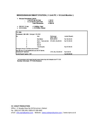 CV. VIOLET PRODUCTION
Office : Jl. Nangka Raya No.2A Perumnas I, Bekasi
Hp. (0812-67-100-344 / 0856-97-500-484)
email : info.vipro@yahoo.com Website : www.violetproduction.com / www.vipro.co.id
 