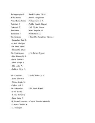 Penanggungjawab : Drs.H.Prayitno ,M.Pd
Ketua Panitia : Samsul Hidayatullah
Wakil Ketua Panitia : Nofiean Koes S. A.
Sekretaris 1 : Andika Fauziah Hapsari
Sekretaris 2 : Laili Choirul Umma
Bendahara 1 : Sendi Nagari R. H.
Bendahara 2 : Nur Safitri F. A.
Sie. Kegiatan : - Rifqi Dwi Ramadhani (Koord.)
- Ramadhan Rizki P.
- Afidah Abadiyah
- M. Almas Qodri
- Friska Dita Utami
Sie. Perlengkapan : - M. Farhan (Koord.)
- Dito Hutama B. K.
- Ovilia Frisda R.
- Ilham Wahyu P.
- Elita Aulia A.
- Brilliant Givya A.
Sie. Konsumsi : - Yulia Rahma A. S.
- Fariz Ahmad B.
- Rizma Amalia N.
- Sultoni Arif D.
Sie. Pubdekdok : - M. Yusuf (Koord.)
- Vinta Maulia
- Kemal Bactiar R.
- Lusia Linda A.
Sie Humas/Keamanan : - Sofyan Gautama (Koord.)
- Yusvisca Nadhira K.
- A. Irwansyah
 