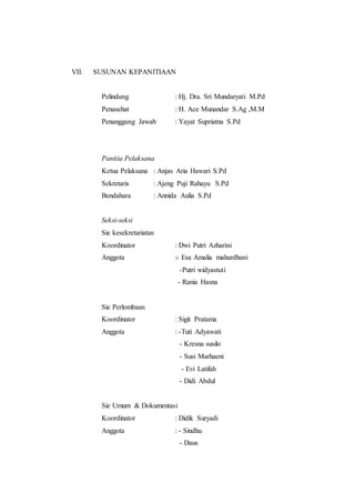 VII. SUSUNAN KEPANITIAAN
Pelindung : Hj. Dra. Sri Mundaryati M.Pd
Penasehat : H. Ace Munandar S.Ag ,M.M
Penanggung Jawab : Yayat Supriatna S.Pd
Panitia Pelaksana
Ketua Pelaksana : Anjas Aria Hawari S.Pd
Sekretaris : Ajeng Puji Rahayu S.Pd
Bendahara : Annida Aulia S.Pd
Seksi-seksi
Sie kesekretariatan
Koordinator : Dwi Putri Azharini
Anggota :- Esa Amalia mahardhani
-Putri widyastuti
- Rania Hasna
Sie Perlombaan
Koordinator : Sigit Pratama
Anggota : -Tuti Adyawati
- Kresna susilo
- Susi Marhaeni
- Evi Latifah
- Didi Abdul
Sie Umum & Dokumentasi
Koordinator : Didik Suryadi
Anggota : - Sindhu
- Daus
 