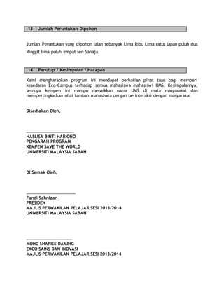 13 Jumlah Peruntukan Dipohon
Jumlah Peruntukan yang dipohon ialah sebanyak Lima Ribu Lima ratus lapan puluh dua
Ringgit lima puluh empat sen Sahaja.
14 Penutup / Kesimpulan / Harapan
Kami mengharapkan program ini mendapat perhatian pihat tuan bagi memberi
kesedaran Eco-Campus terhadap semua mahasiswa mahasiswi UMS. Kesimpulannya,
semoga kempen ini mampu menaikkan nama UMS di mata masyarakat dan
mempertingkatkan nilai tambah mahasiswa dengan berinteraksi dengan masyarakat
Disediakan Oleh,
…………………………………….
HASLISA BINTI HARIONO
PENGARAH PROGRAM
KEMPEN SAVE THE WORLD
UNIVERSITI MALAYSIA SABAH
DI Semak Oleh,
………………………………………
Fandi Sahnizan
PRESIDEN
MAJLIS PERWAKILAN PELAJAR SESI 2013/2014
UNIVERSITI MALAYSIA SABAH
……………………………………
MOHD SHAFIEE DAMING
EXCO SAINS DAN INOVASI
MAJLIS PERWAKILAN PELAJAR SESI 2013/2014
 