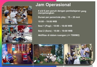 Jam Operasional
4 s/d 6 jam penuh dengan pembelajaran
menyenangkan
Durasi per peran/role play : 15 – 25 mnt
10:00 – 19:00 WIB
Sesi 1 (Pagi) : 10:00 – 16:00 WIB
Sesi 2 (Sore) : 15:00 – 19:00 WIB
Aktifitas di dalam ruangan (-/+ 7500M2)
yang
 
