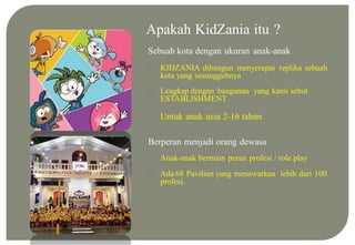 Apakah KidZania itu ?
Sebuah kota dengan ukuran anak-anak
KIDZANIA dibangun menyerupai replika sebuah
kota yang sesungguhnya
Lengkap dengan bangunan yang kami sebut
ESTABLISHMENT
Untuk anak usia 2-16 tahun
Berperan menjadi orang dewasa
Anak-anak bermain peran profesi / role play
Ada 68 Paviliun yang menawarkan lebih dari 100
profesi.
 