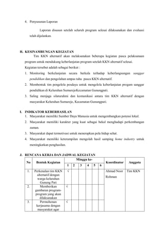 4. Penyusunan Laporan
Laporan disusun setelah seluruh program selesai dilaksanakan dan evaluasi
telah dijalankan.

H. KESINAMBUNGAN KEGIATAN
Tim KKN alternatif akan melaksanakan beberapa kegiatan pasca pelaksanaan
program untuk mendukung keberlanjutan program setelah KKN alternatif selesai.
Kegiatan tersebut adalah sebagai berikut :
1. Monitoring berkelanjutan secara berkala terhadap keberlangsungan sanggar
pendidikan dan pengolahan ampas tahu pasca KKN alternatif.
2. Membentuk tim pengelola posdaya untuk mengelola keberlanjutan progam sanggar
pendidikan di Kelurahan SumurejoKecamatan Gunungpati.
3. Saling menjaga silaturahmi dan komunikasi antara tim KKN alternatif dengan
masyarakat Kelurahan Sumurejo, Kecamatan Gunungpati.
I. INDIKATOR KEBERHASILAN
1. Masyarakat memiliki Sumber Daya Manusia untuk mengembangkan potensi lokal.
2. Masyarakat memiliki karakter yang kuat sebagai bekal menghadapi perkembangan
zaman.
3. Masyarakat dapat termotivasi untuk menerapkan pola hidup sehat.
4. Masyarakat memiliki keterampilan mengolah hasil samping home industry untuk
meningkatkan penghasilan.
J. RENCANA KERJA DAN JADWAL KEGIATAN
Minggu keNo
Bentuk Kegiatan
1 2
3
4 5
1.

2.

3.

Perkenalan tim KKN
alternatif dengan
warga kelurahan
Gunung Pati
Memberikan
gambaran programprogram yang akan
dilaksanakan
Permohonan
kerjasama dengan
masyarakat agar

√

6

Koordinator

Anggota

Ahmad Noor

Tim KKN

Rohman
√

√

 