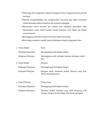 Memanage dan menganalisis laporan keuangan harian, mingguan dan per periode
akuntansi
Melatih, mengembangkan dan mengkoordinir karyawan agar dapat memenuhi
standar perusahaa dalam beroperasi dan melayani pelanggan
Memastikan semua prosedur dan standar serta kebijakan perusahaan telah
dikomunikasi secara efektif kepada seluruh karyawan serta dijaga dan diikuti
secara konsisten
Bertanggung jawab atas seluruh aliran dana dalam perusahaan
Berwenang mengatasi masalah yang berhubungan dengan penggunaan dana

c. Nama Jabatan

: Kasir

Hubungan Organisasi

: Bertanggung jawab kepada manajer

Ringkasan Pekerjaan

: Bertanggung jawab terhadap transaksi keuangan sehari –
hari

d. Nama Jabatan

: Desainer

Hubungan Organisasi

: Bertanggung jawab kepada manajer

Ringkasan Pekerjaan

: Bertugas untuk mendesain produk furniture yang akan
dibuat oleh tukang kayu

e. Nama Pekerjaan

: Tukang kayu

Hubungan Organisasi

: Bertanggung jawab kepada manajer

Ringkasan Pekerjaan

: Membuat produk furniture yang telah dirancang oleh
desainer maupun sesuai dengan permintaan pelanggan.

 