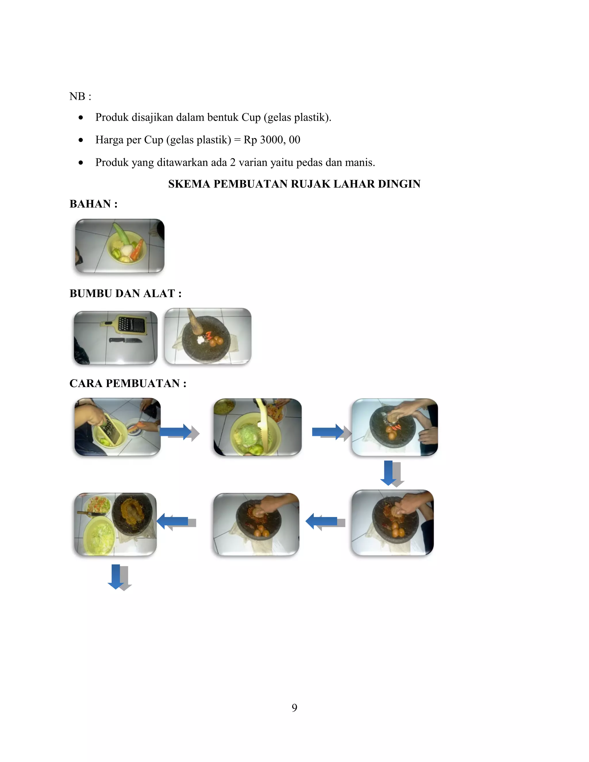 NB :
• Produk disajikan dalam bentuk Cup (gelas plastik).
• Harga per Cup (gelas plastik) = Rp 3000, 00
• Produk yang ditawarkan ada 2 varian yaitu pedas dan manis.
SKEMA PEMBUATAN RUJAK LAHAR DINGIN
BAHAN :
BUMBU DAN ALAT :
CARA PEMBUATAN :
9
 